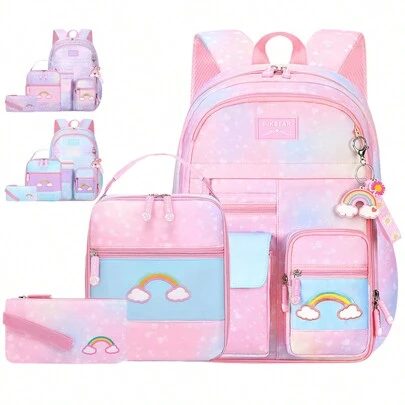 3 件/套大容量多口袋女孩背包，女孩书包，学校背包，渐变色休闲户外旅行背包，紫色背包，书包，生日礼物，适合青少年女孩上学和旅行