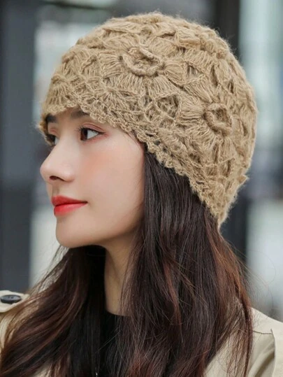 1顶手工复古镂空针织帽，秋冬季手工钩编针织帽，时尚百搭头巾帽
