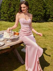 Women Elegant Lace Patchwork Asymmetrical Ruffle Hem Split Slimming Bridesmaid Dress - Pink - View 7