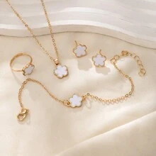 4pcs/Set Korean Version New Clover Jewelry Set For Girl, Includes Necklace, Bracelet, Ring, Stud Earrings, Minimalist Floral Design - one-size - View 6