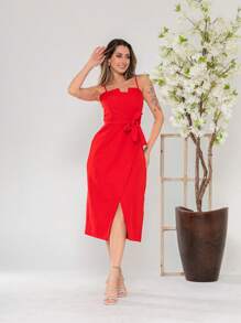 V761 Tailored Midi Dress With Straps - Red - View 3