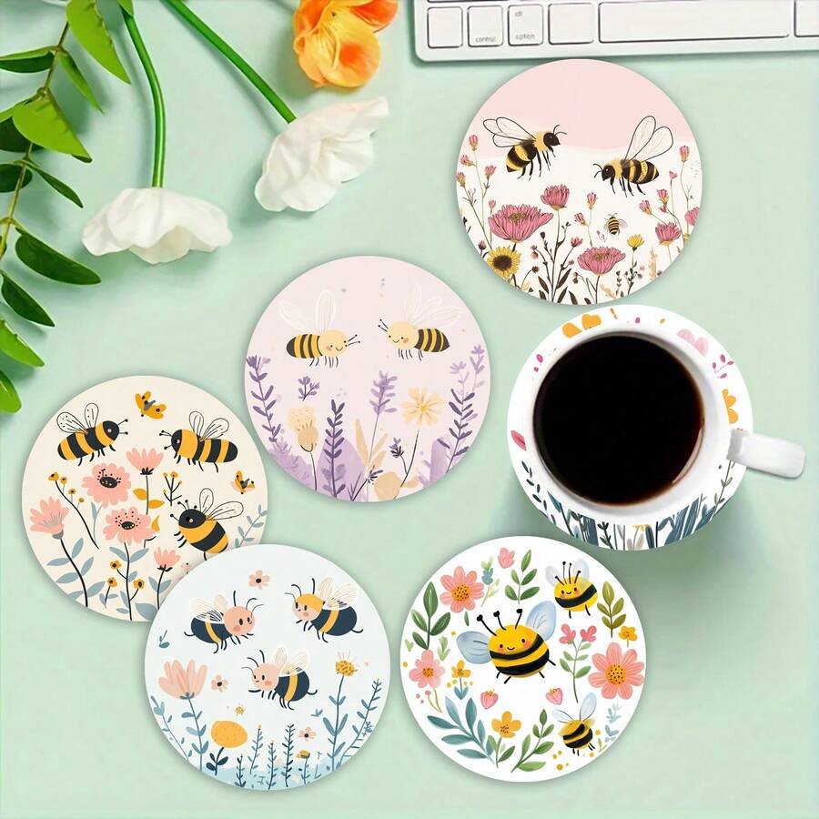 1set/4pcs/6pcs Spring Honeybee Flower Pattern Dialgae Mud Coaster Set, Mug Coaster, Coffee Coaster, Home And Restaurant Decoration For Many Occasions, Beautiful Birthday Or Holiday Gifts, Table Decoration, Home Decoration, Room Decoration, Home Decoration, Daily Decoration, Themed Party Decoration - Multicolor - View 1