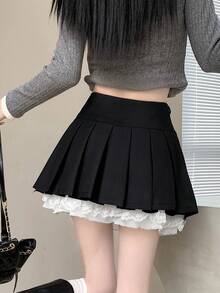 Chân váy xếp ly thời trang cho nữ, chân váy mini chữ A phối ren màu xám mới, màu đen, thích hợp cho mùa xuân. - màu đen - Xem 5