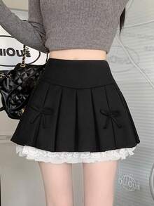 Chân váy xếp ly thời trang cho nữ, chân váy mini chữ A phối ren màu xám mới, màu đen, thích hợp cho mùa xuân. - màu đen - Xem 6