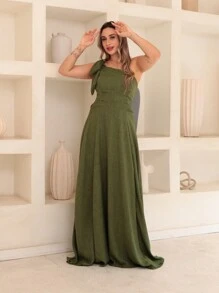Victoria Long Luxury Dress Plain Duna Linen With Bow One Shoulder - Olive Green - View 4