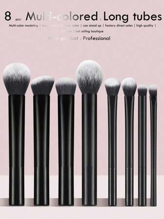 Set Of 8 Black Long-Handled Makeup Brushes, Including Blush Brush, Loose Powder, Contour Brush, Eyeshadow Brush, Blending Brush And Highlighter Brush,Brush Set,Makeup Brush Kit,Make Up Brush Set,Make Up Set Complete,Makeup Brush Set,Complete Makeup Kit,Brush Kit,Brushes Makeup Set,Makeup Gift Set