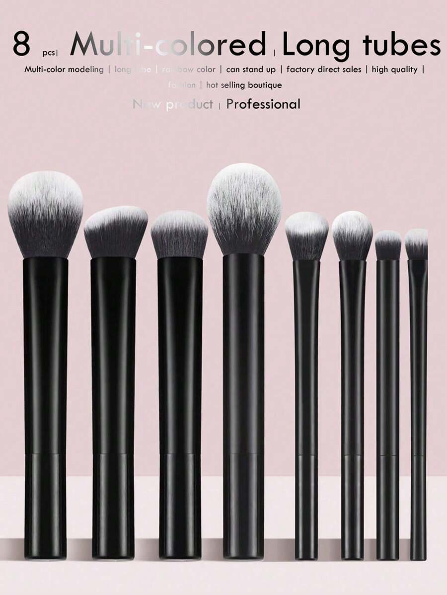 Set Of 8 Black Long-Handled Makeup Brushes, Including Blush Brush, Loose Powder, Contour Brush, Eyeshadow Brush, Blending Brush And Highlighter Brush,Brush Set,Makeup Brush Kit,Make Up Brush Set,Make Up Set Complete,Makeup Brush Set,Complete Makeup Kit,Brush Kit,Brushes Makeup Set,Makeup Gift Set - Black - View 1