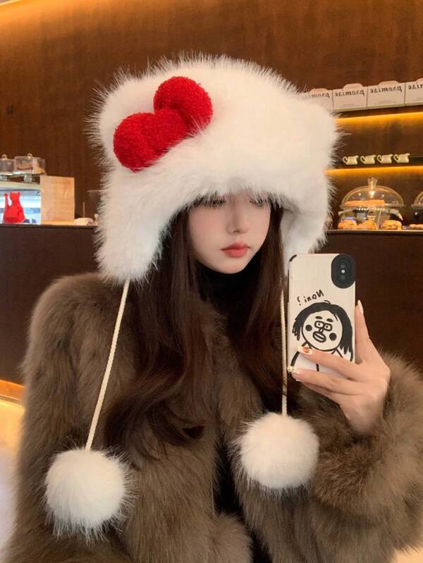 Cute Bowknot Plush Earflap Hat, Thick Fluffy Winter Warm Cap For Women Daily Use In Autumn And Winter, White Christmas