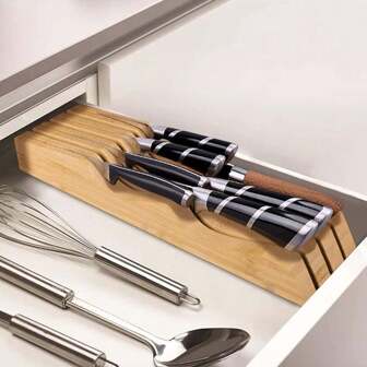 1个天然竹制刀架抽屉收纳盒，可收纳3把35厘米以下的刀或4把25厘米以下的刀，厨房抽屉刀具收纳盒，刀具抽屉整理器，抽屉内衬，抽屉刀架