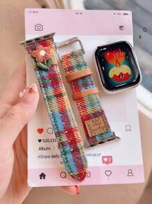 1 pièce Sangle en PU tricotée à carreaux colorés et fleuris compatible avec Apple Watch bande S10 42/46 mm 49 Ultra. Bracelet pour femmes compatible avec Apple Watch 9 8 7 6 SE 5 4 3 2. Automne hiver Saint-Valentin