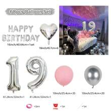 Paquete de decoración "Feliz Cumpleaños" de 68 piezas en plata - Globo de número de 32 pulgadas (81.28cm) de lámina, banderín "Feliz" plateado, globos de látex rosa y plateados para fiestas de cumpleaños de 18, 19, 20, 21, 25, 30 años, suministros reutilizables - Conjunto Plata Rosa Claro-Números Plata - Ver 18