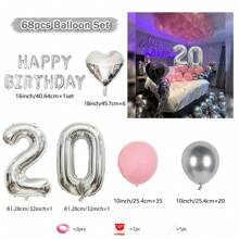 Paquete de decoración "Feliz Cumpleaños" de 68 piezas en plata - Globo de número de 32 pulgadas (81.28cm) de lámina, banderín "Feliz" plateado, globos de látex rosa y plateados para fiestas de cumpleaños de 18, 19, 20, 21, 25, 30 años, suministros reutilizables - Conjunto Plata Rosa Claro-Números Plata - Ver 17