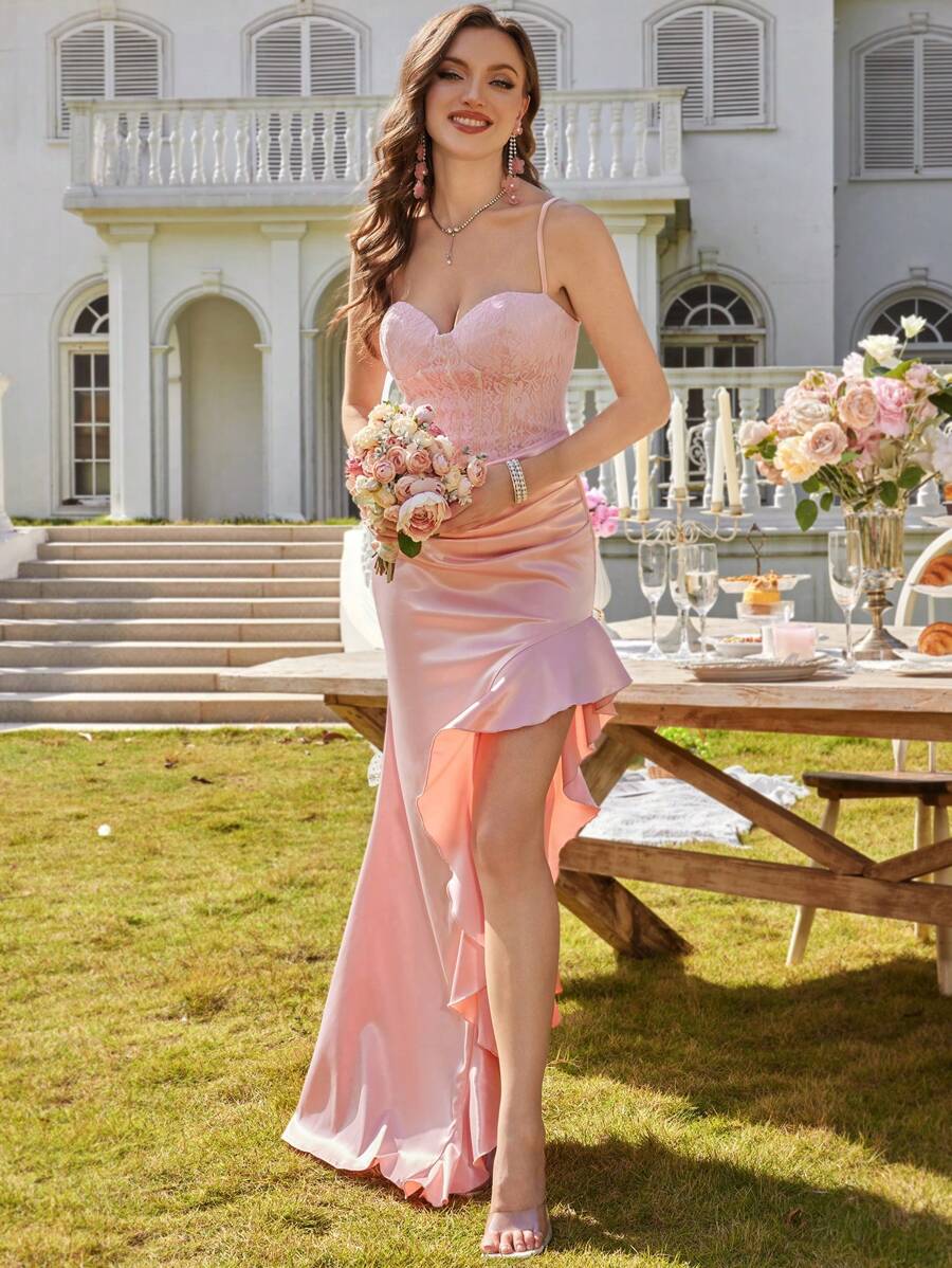 Women Elegant Lace Patchwork Asymmetrical Ruffle Hem Split Slimming Bridesmaid Dress - Pink - View 1