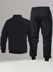 Men's 2 Pieces Bird Graphic Print Bomber Jacket And Jogger Pants Set For Spring Autumn Casual Outdoor Wear - Black - View 3