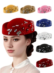 1Pc Felt Turban Fascinator Hats Pillbox Hats For Women Derby Hat With Flower Embellished Elegant Ladies Tea Party Hats Vintage Beret Hat Decorated With Rhinestone Fashion Fedoras Cap For Cosplay Costume Accessories For Wedding Party Women Ladies Gift 2024 New Style. - Multicolor - View 12