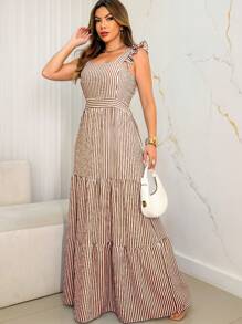 Vestido Longo Elegante De Duna  Alças Babado Listrado Moda - Marrom - Visão 3
