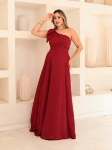 Victoria Long Luxury Dress Plain Duna Linen With Bow One Shoulder - Redwood - View 4