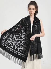 天鹅绒花朵烂花围巾透明花朵装饰正式披肩适合派对礼服 - 黑色 - 查看 3