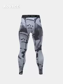 KOVSEE 3pcs Camouflage Print Basketball Compression 3/4 Leggings, Breathable Sports Tights With Letter Waistband