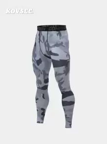 KOVSEE 3pcs Camouflage Print Basketball Compression 3/4 Leggings, Breathable Sports Tights With Letter Waistband