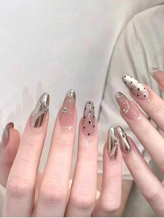 24Pcs Set Diamond-Encrusted Nude Stiletto Cat Eye Polka Dot Removable Fake Simple Fashionable Versatile European-American Style Nail Tips, Featuring A Classy Design Suitable For Balls, Dates, Parties, Home And Daily Wear, Ideal Gift For Fashionable Ladies & Girls, Today'S Order Includes 1 Pack Of Nail Tips And 1 Nail File Press On Nails Nail Supplies Nails