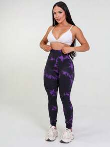 Tie Dye Yoga Leggings, Seamless Butt Lifting Leggings. - Dusty Purple - View 5
