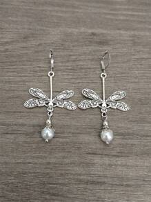 1 Paire De Boucles D'oreilles Crochets Pendentifs Style Bohémien Vintage Libellule & Perles Vertes Fausses Pour Femmes, Cadeau De Bijoux Pour Fêtes Et Voyages