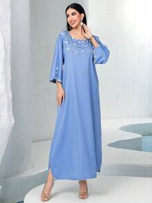 Hand-Embroidered Rhinestone Embellished Light Blue Casual Robe Robe, Suitable For EID Parties, Holidays, And Everyday Wear, Modest Kaftan