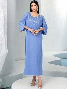 Hand-Embroidered Rhinestone Embellished Light Blue Casual Robe Robe, Suitable For EID Parties, Holidays, And Everyday Wear, Modest Kaftan