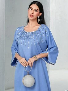 Hand-Embroidered Rhinestone Embellished Light Blue Casual Robe Robe, Suitable For EID Parties, Holidays, And Everyday Wear, Modest Kaftan