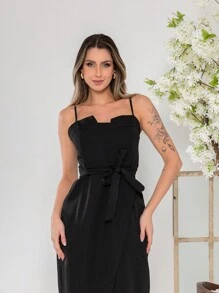 V761 Tailored Midi Dress With Straps - Black - View 5