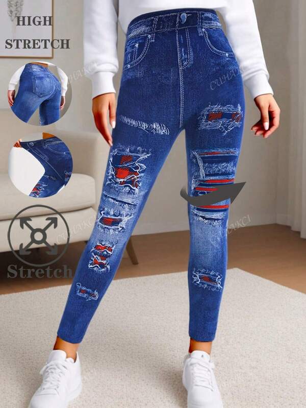 Women's Fashion Seamless High Waist Denim Effect Jeggings, Blue Distressed Pattern Print, Stretchy, Soft & Comfortable For Fitness, Running, Yoga, Outdoor, Everyday Wear, 7/8 Length Leggings