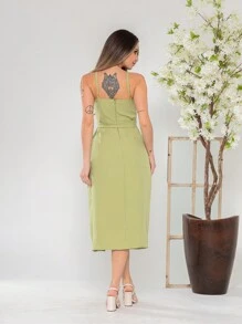 V761 Tailored Midi Dress With Straps - Olive Green - View 2