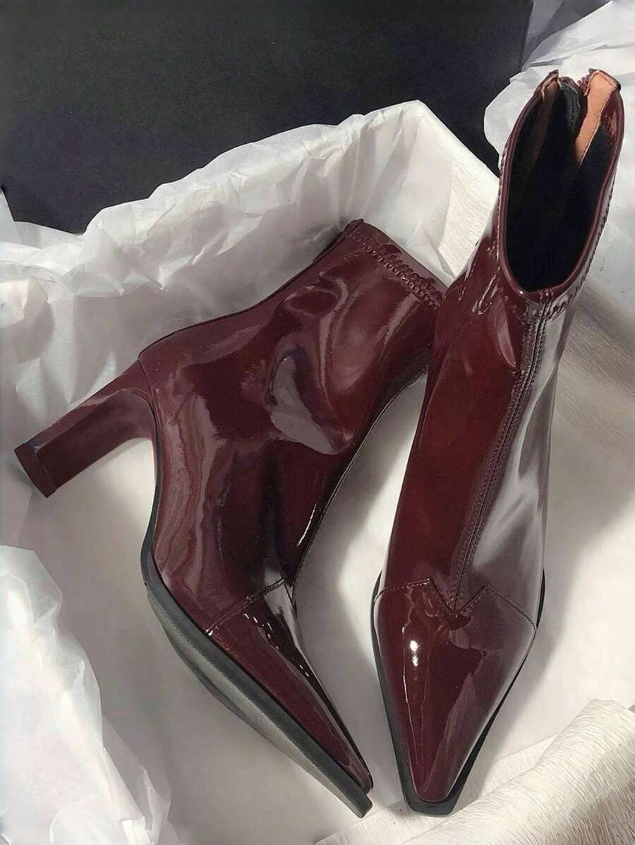 搭配裙子，高跟细靴，尖头拉链皮革弹力踝靴，性感风格，秋冬季女士踝靴。 - 酒紅色 - 查看 1