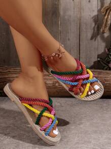 Women Flat Sandals With Jute Sole, Colorful Dopaine Wraparound Comfortable Open-Toe Summer Slippers, On Vacation