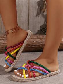 Women Flat Sandals With Jute Sole, Colorful Dopaine Wraparound Comfortable Open-Toe Summer Slippers, On Vacation