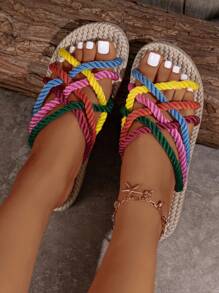 Women Flat Sandals With Jute Sole, Colorful Dopaine Wraparound Comfortable Open-Toe Summer Slippers, On Vacation