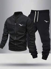 Men's 2 Pieces Bird Graphic Print Bomber Jacket And Jogger Pants Set For Spring Autumn Casual Outdoor Wear - Black - View 2