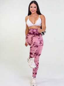 Tie Dye Yoga Leggings, Seamless Butt Lifting Leggings. - Tropical Pink - View 5
