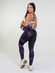 Tie Dye Yoga Leggings, Seamless Butt Lifting Leggings. - Dusty Purple - View 1