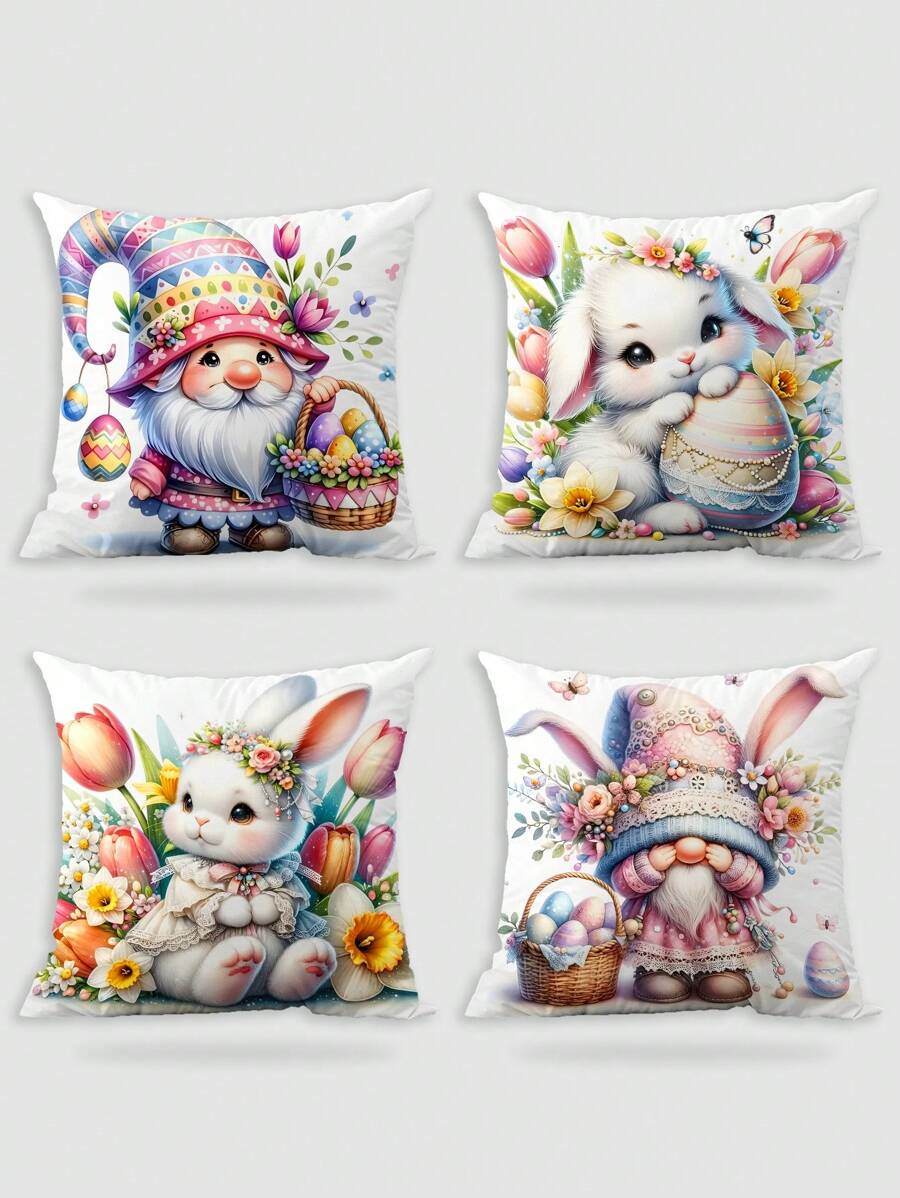 4 Pcs/1 Pc Easter Themed Bunny, Dwarf, Cute Easter Egg, Bamboo Basket Print, Short Plush Pillowcase, Sofa, Bedroom Home Decoration, Cushion Cover Without Pillow Core - Multicolor - View 1