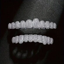 THATBOY 2PCS BlingBling Hip Hop Iced Teeth Grills - Dazzling AAAAA Plus Cubic Zirconia Grillz Teeth, 20 Top & Bottom Grillz Teeth Set - Secure And Adjustable Fit For Rapper Star Show-Stopping, Fashion-Forward Cool And Handsome Look - 彩色 - 查看 4
