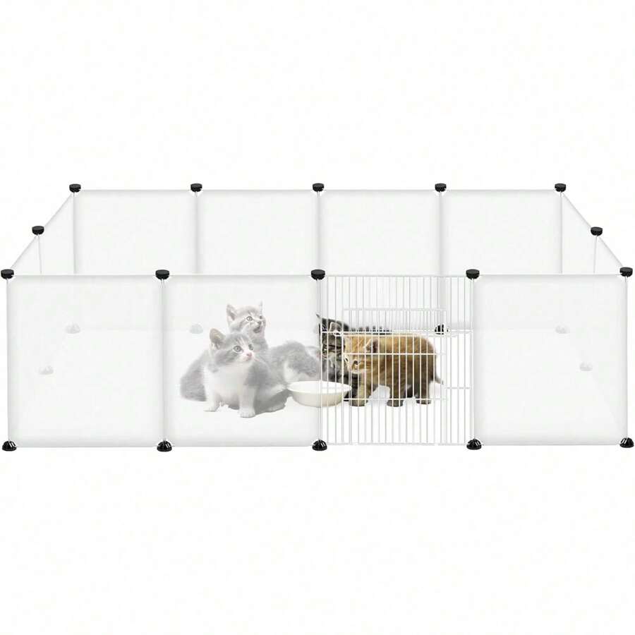 Freigehege Gittergehege für Kaninchen, Meerschweinchen Käfig Gehege, Kleintierkäfig Mit Tür/ohne Tür, Welpenauslauf Kleintiergehege, Freilaufgehege für Innen und Aussen, 145x75x48 cm, Transparent - Weiss - Übersicht 1