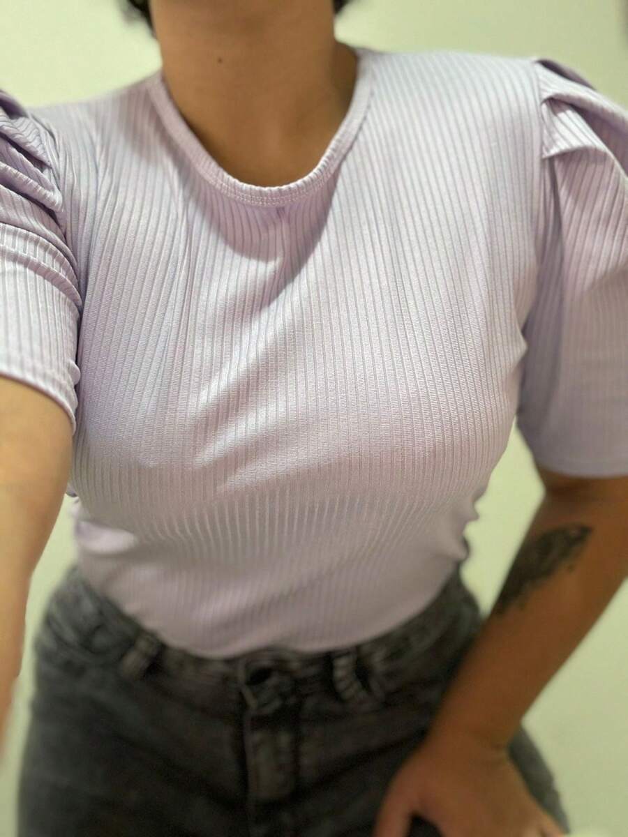 PRINCESS PUFFED SLEEVE RIBBED TOP FOR WOMEN - Púrpura polvoriento - Ver 1