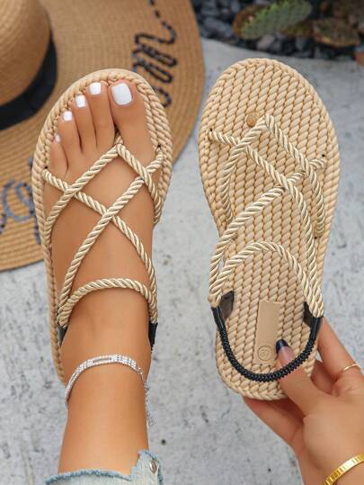 女士时尚编织交叉松紧带平底凉鞋