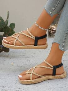 女士时尚编织交叉松紧带平底凉鞋 - 米色 - 查看 3