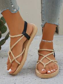 女士时尚编织交叉松紧带平底凉鞋 - 米色 - 查看 6