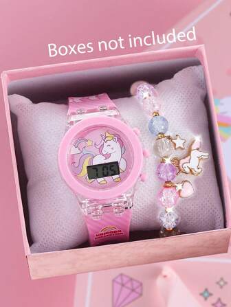 Set de 2 piezas: 1 reloj de cuarzo de unicornio con efecto brillo en la oscuridad y 1 pulsera de cuentas de colores del arcoíris, para niñas