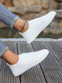 Women White Shoes - British Style Leather Lace-Up Sneakers, Round Toe Low-Top Flat Skateboard Shoes, Fashionable Breathable Non-Slip White Casual Shoes For Students
