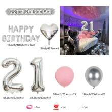 Paquete de decoración "Feliz Cumpleaños" de 68 piezas en plata - Globo de número de 32 pulgadas (81.28cm) de lámina, banderín "Feliz" plateado, globos de látex rosa y plateados para fiestas de cumpleaños de 18, 19, 20, 21, 25, 30 años, suministros reutilizables - Conjunto Plata Rosa Claro-Números Plata - Ver 15